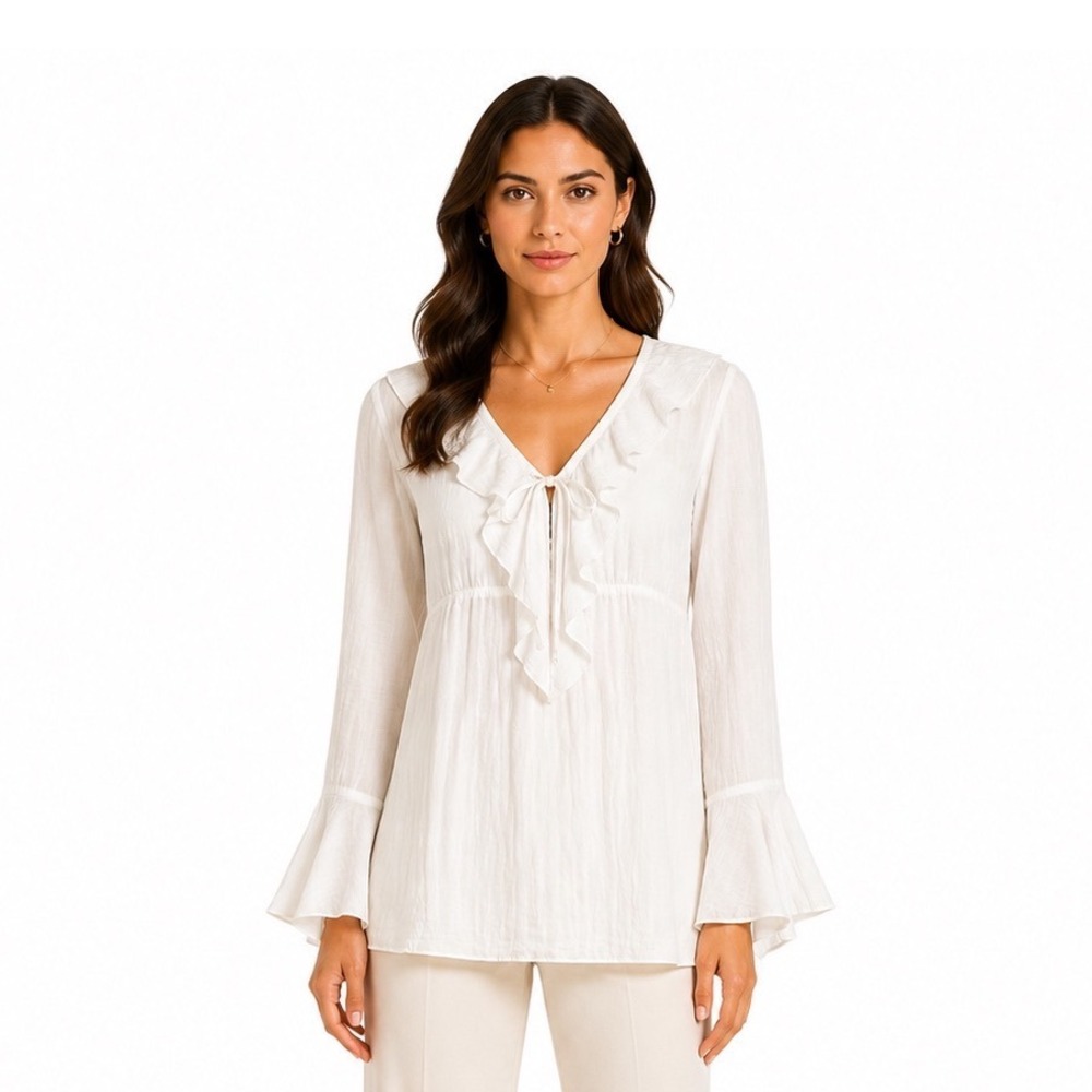 Orchid Bell Sleeve Ruffle Tunic Blouse Women M/L White Gauze Whimsical Semisheer